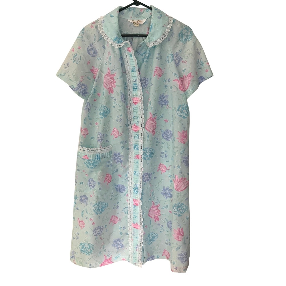 Dan-Ellen House Dress Womens Medium Blue Floral Excellent Vintage Lace Duster